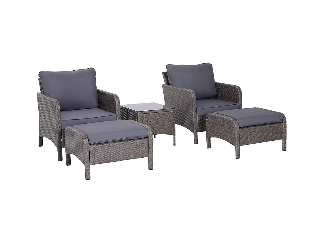 Lot de 2 fauteuils de jardin grand confort repose-pied table basse résine tressée imitation rotin coussins gris