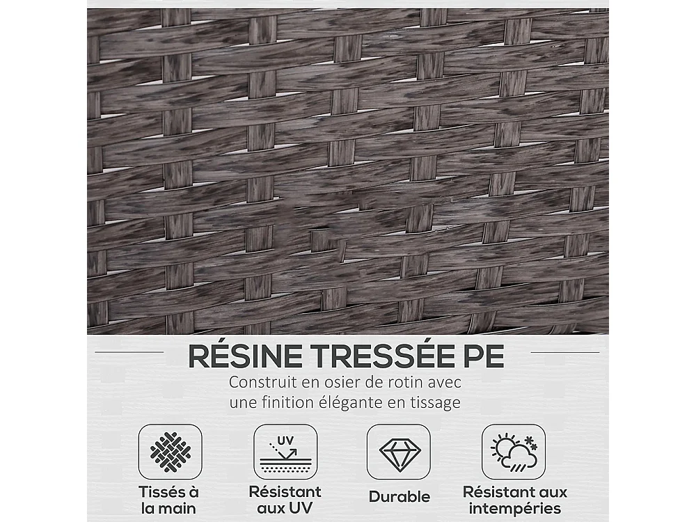 Lot de 2 fauteuils de jardin grand confort repose-pied table basse résine tressée imitation rotin coussins gris