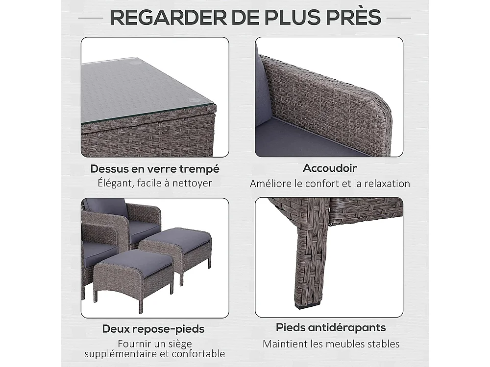 Lot de 2 fauteuils de jardin grand confort repose-pied table basse résine tressée imitation rotin coussins gris