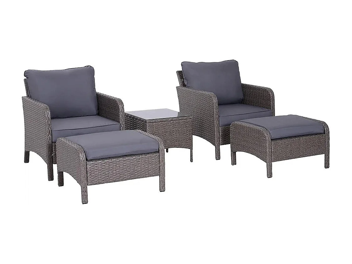 Lot de 2 fauteuils de jardin grand confort repose-pied table basse résine tressée imitation rotin coussins gris
