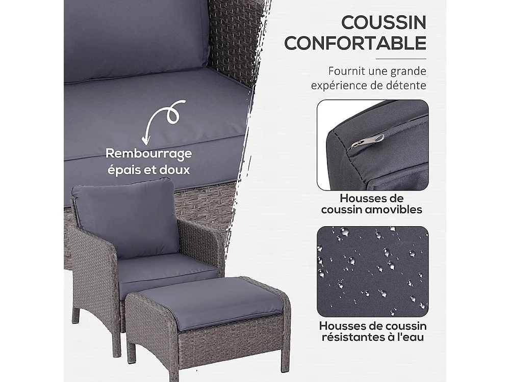 Lot de 2 fauteuils de jardin grand confort repose-pied table basse résine tressée imitation rotin coussins gris