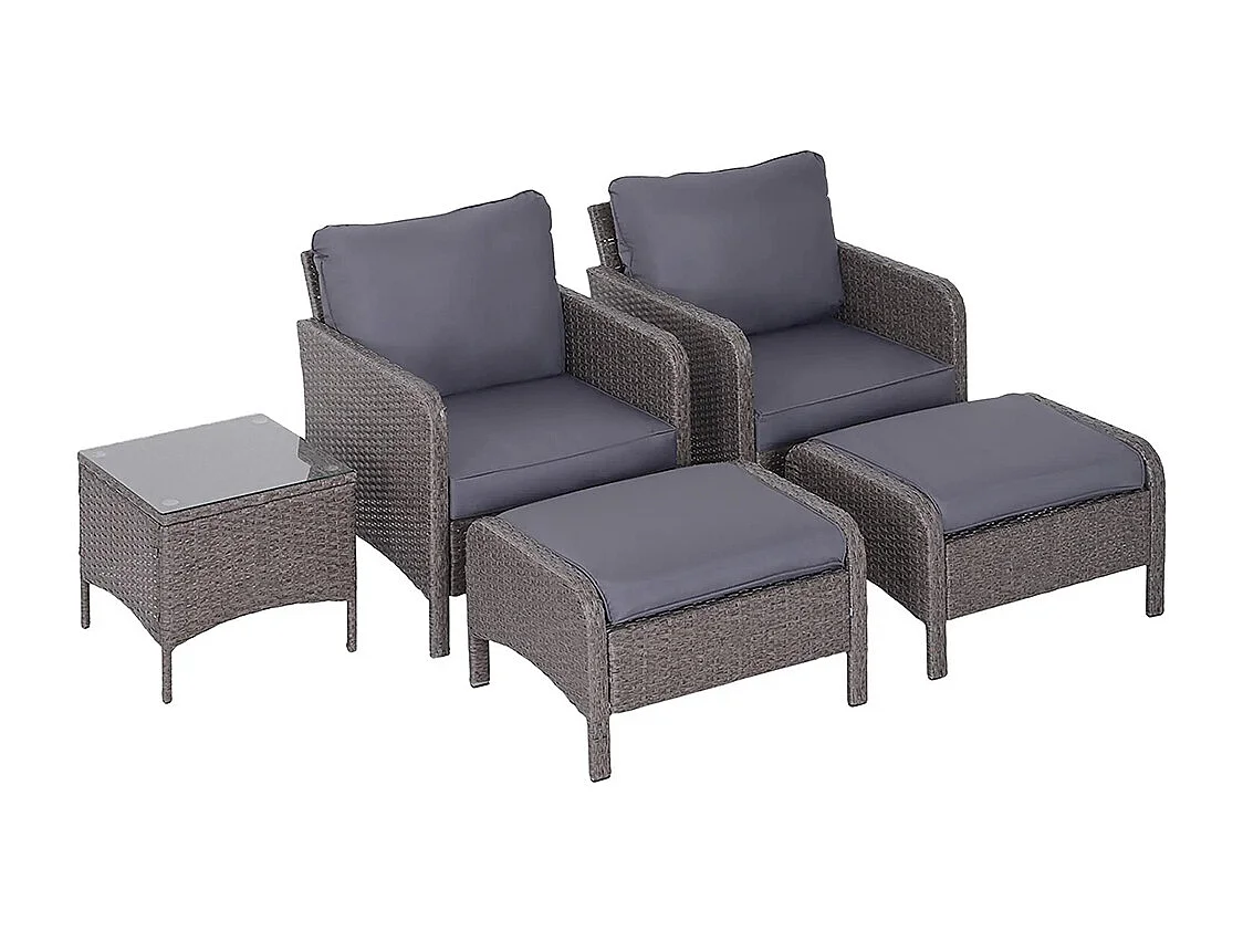Lot de 2 fauteuils de jardin grand confort repose-pied table basse résine tressée imitation rotin coussins gris