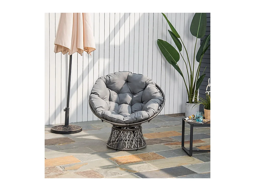 Fauteuil rond de jardin fauteuil papasan pivotant grand confort Ø 97 x 86H cm grand coussin fourni polyester résine tressée gris