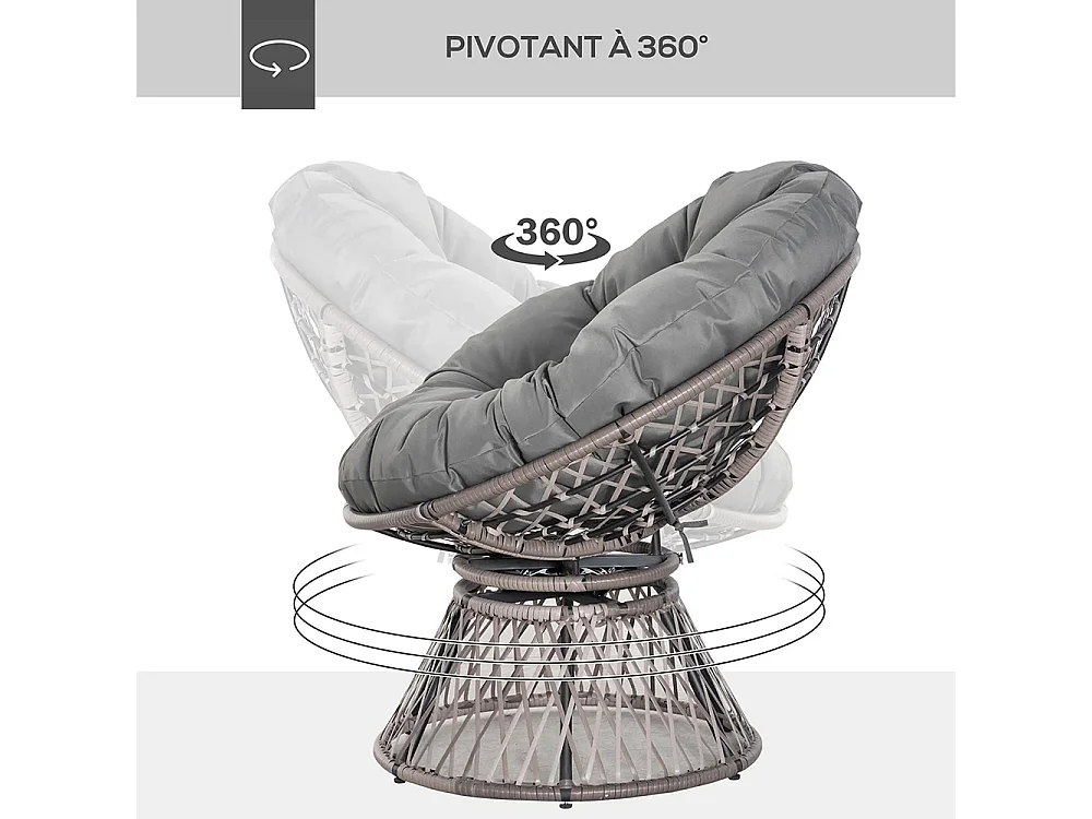 Fauteuil rond de jardin fauteuil papasan pivotant grand confort Ø 97 x 86H cm grand coussin fourni polyester résine tressée gris