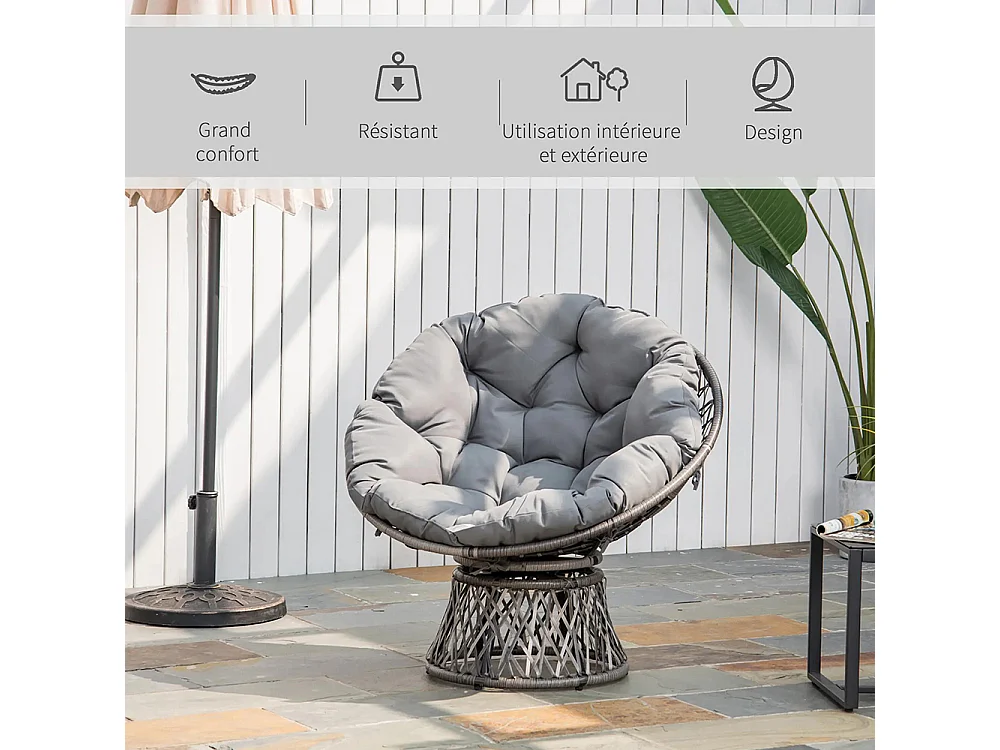 Fauteuil rond de jardin fauteuil papasan pivotant grand confort Ø 97 x 86H cm grand coussin fourni polyester résine tressée gris