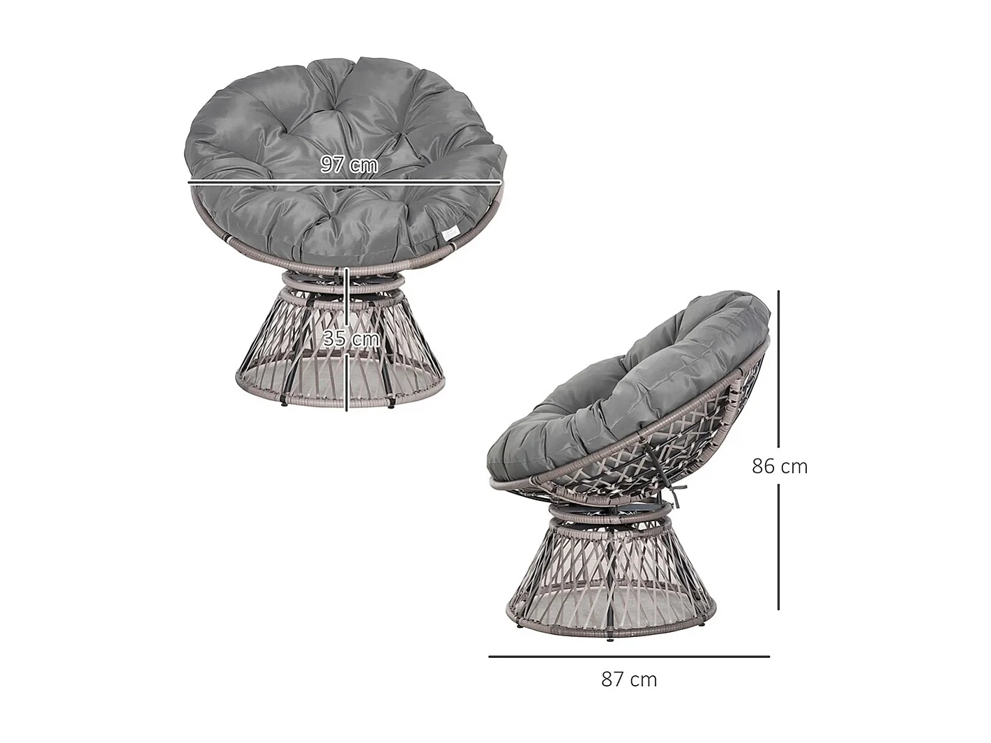 Fauteuil rond de jardin fauteuil papasan pivotant grand confort Ø 97 x 86H cm grand coussin fourni polyester résine tressée gris