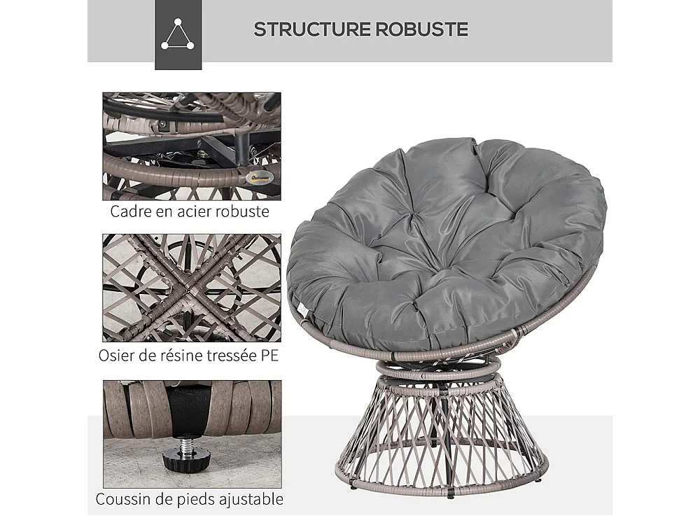 Fauteuil rond de jardin fauteuil papasan pivotant grand confort Ø 97 x 86H cm grand coussin fourni polyester résine tressée gris
