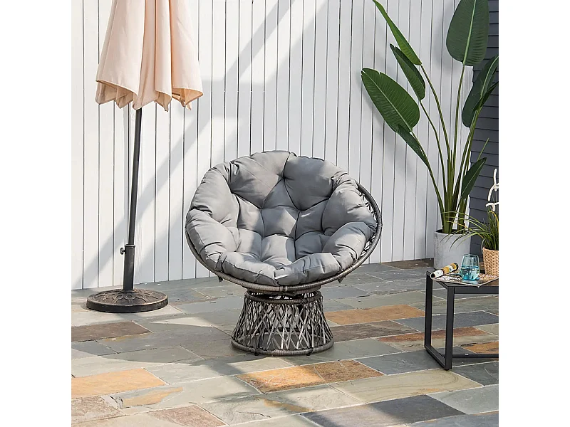 Fauteuil rond de jardin fauteuil papasan pivotant grand confort Ø 97 x 86H cm grand coussin fourni polyester résine tressée gris