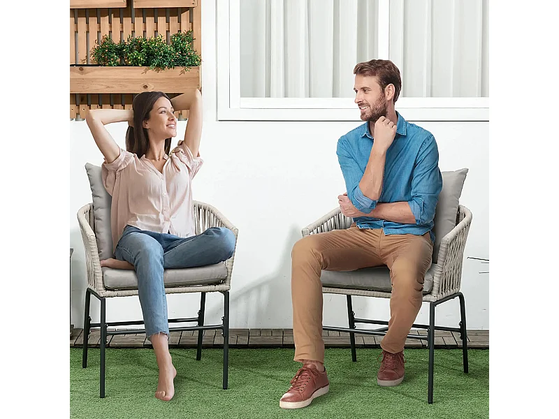 Lot de 2 fauteuils chaises de jardin 2 places et métal et corde PE avec coussins noir et gris