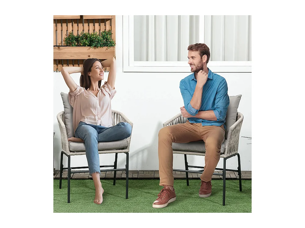 Lot de 2 fauteuils chaises de jardin 2 places et métal et corde PE avec coussins noir et gris