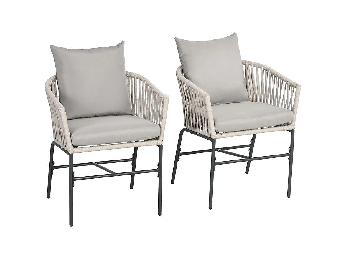 Lot de 2 fauteuils chaises de jardin 2 places et métal et corde PE avec coussins noir et gris