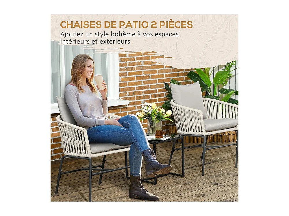 Lot de 2 fauteuils chaises de jardin 2 places et métal et corde PE avec coussins noir et gris