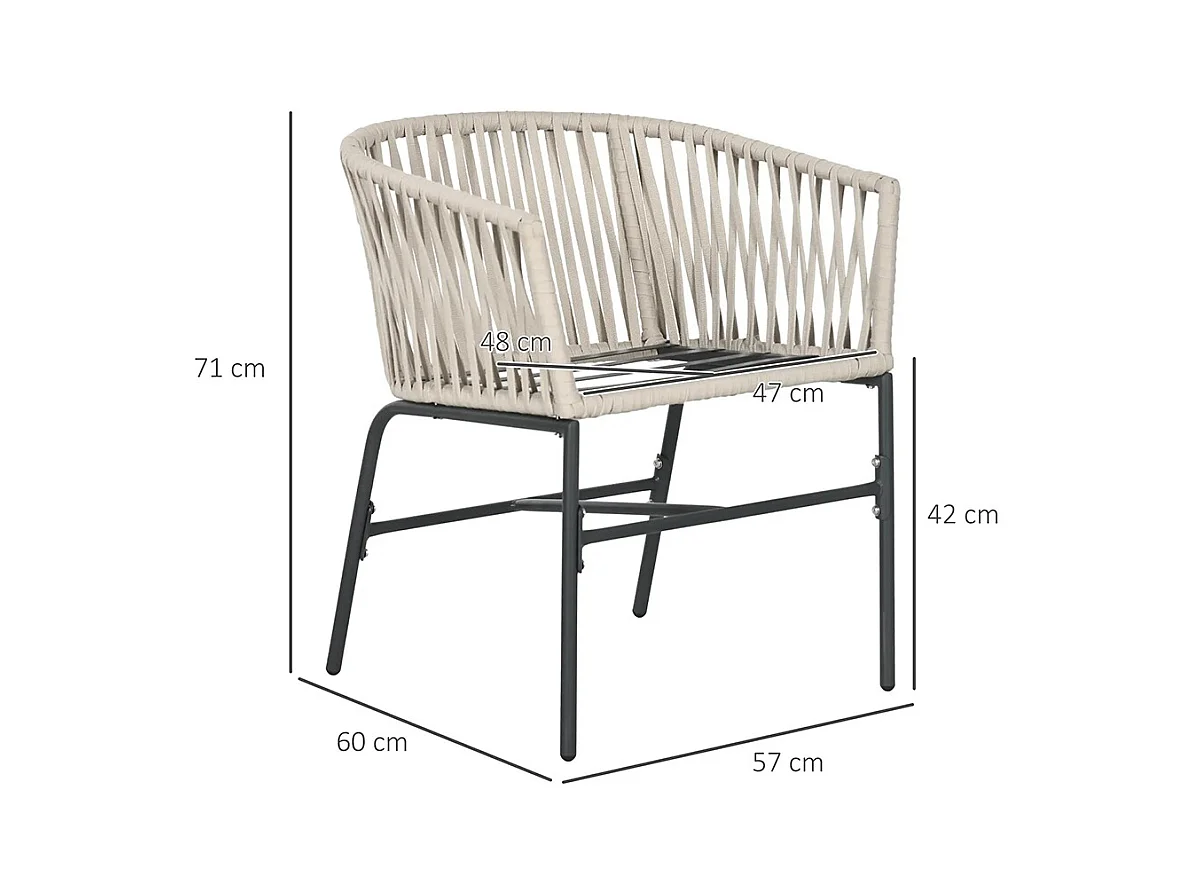 Lot de 2 fauteuils chaises de jardin 2 places et métal et corde PE avec coussins noir et gris