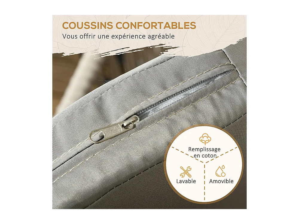 Lot de 2 fauteuils chaises de jardin 2 places et métal et corde PE avec coussins noir et gris