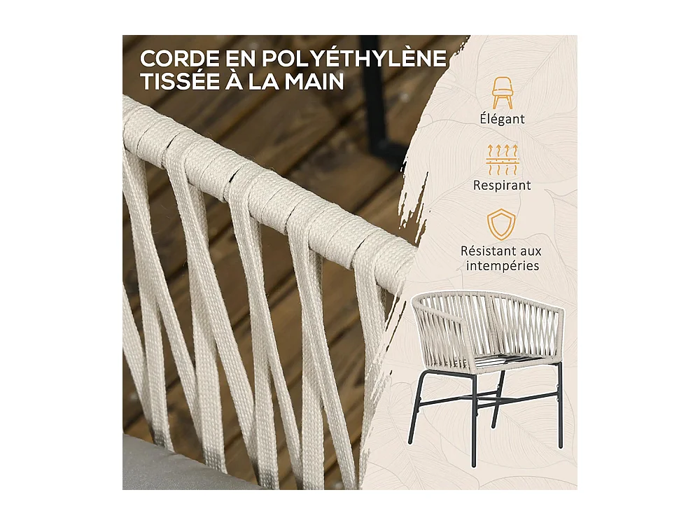 Lot de 2 fauteuils chaises de jardin 2 places et métal et corde PE avec coussins noir et gris