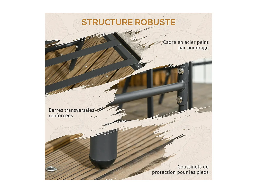 Lot de 2 fauteuils chaises de jardin 2 places et métal et corde PE avec coussins noir et gris