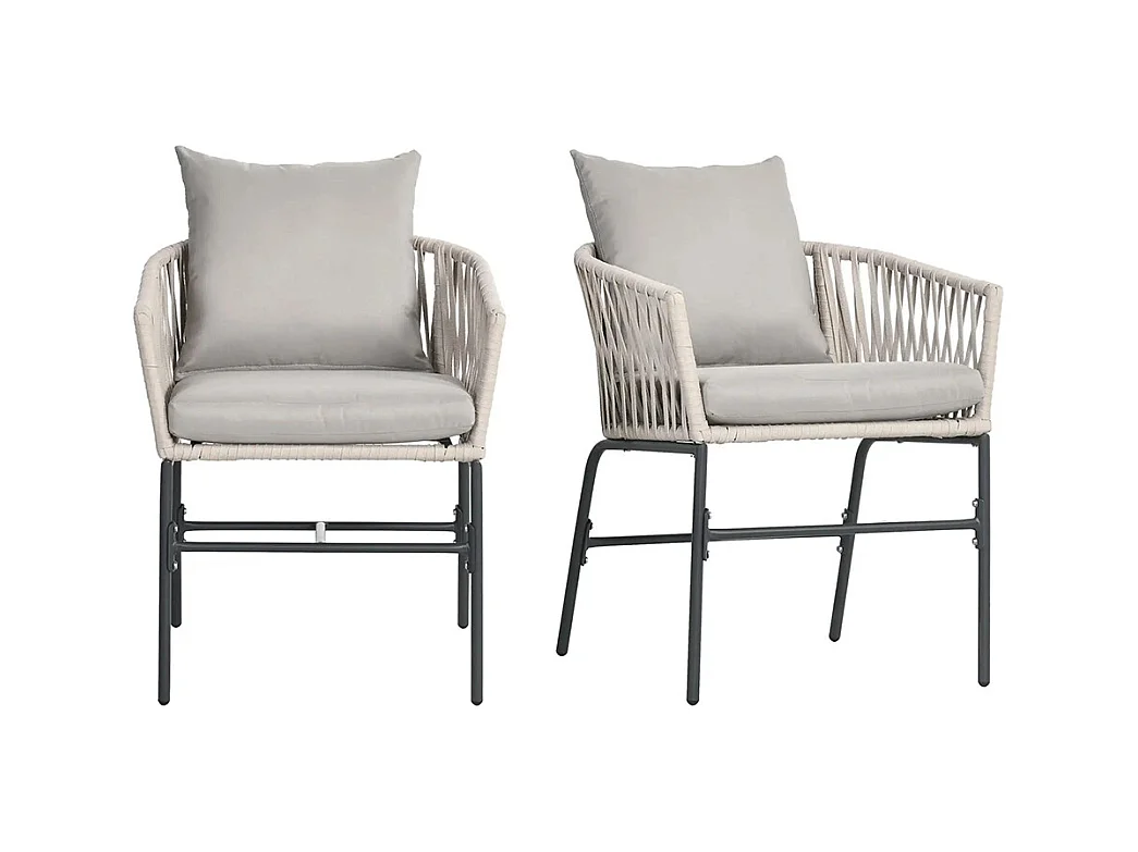 Lot de 2 fauteuils chaises de jardin 2 places et métal et corde PE avec coussins noir et gris