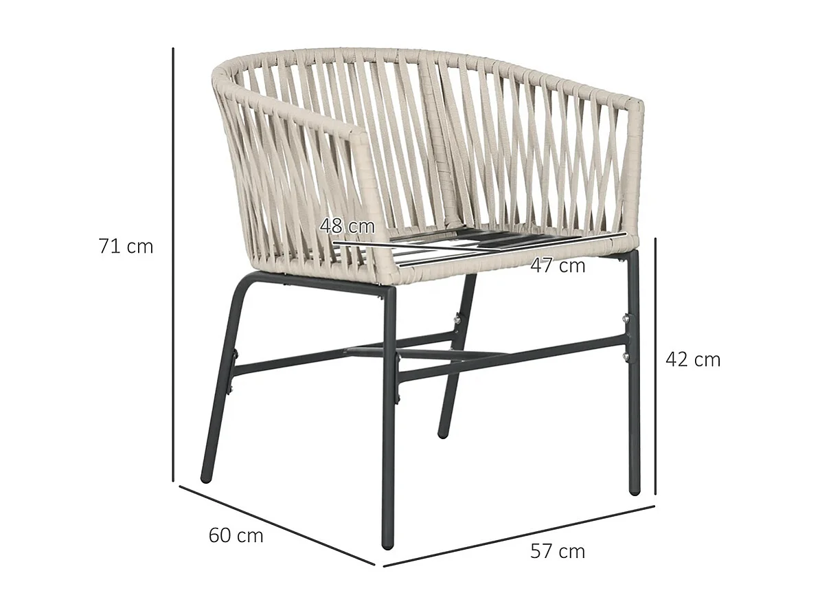 Lot de 2 fauteuils chaises de jardin 2 places et métal et corde PE avec coussins noir et gris