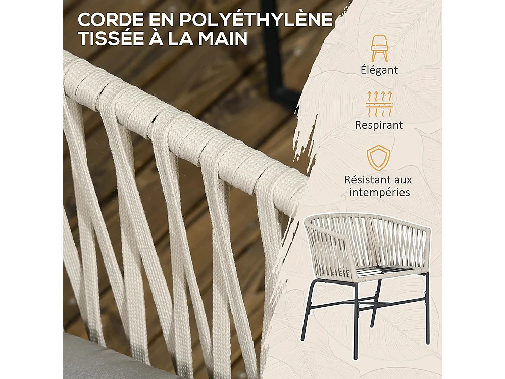 Lot de 2 fauteuils chaises de jardin 2 places et métal et corde PE avec coussins noir et gris