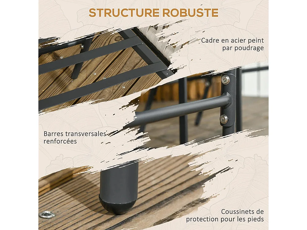 Lot de 2 fauteuils chaises de jardin 2 places et métal et corde PE avec coussins noir et gris