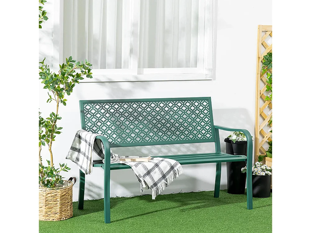 Banc de jardin banc extérieur jardin en acier avec dossier à motif floral pour 2 personnes vert foncé