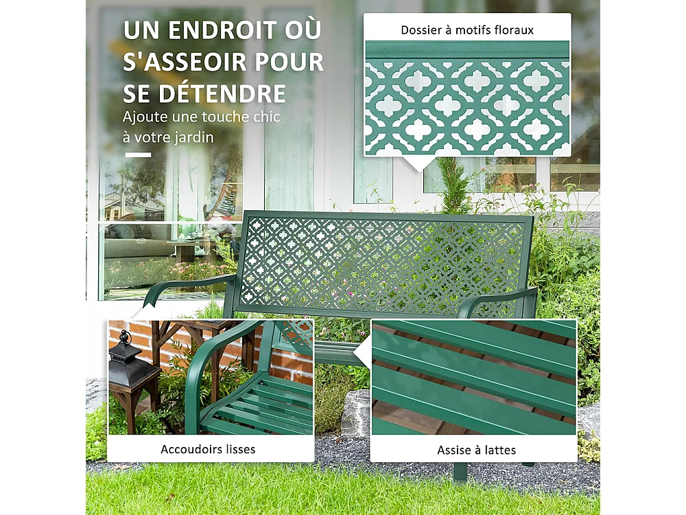 Banc de jardin banc extérieur jardin en acier avec dossier à motif floral pour 2 personnes vert foncé