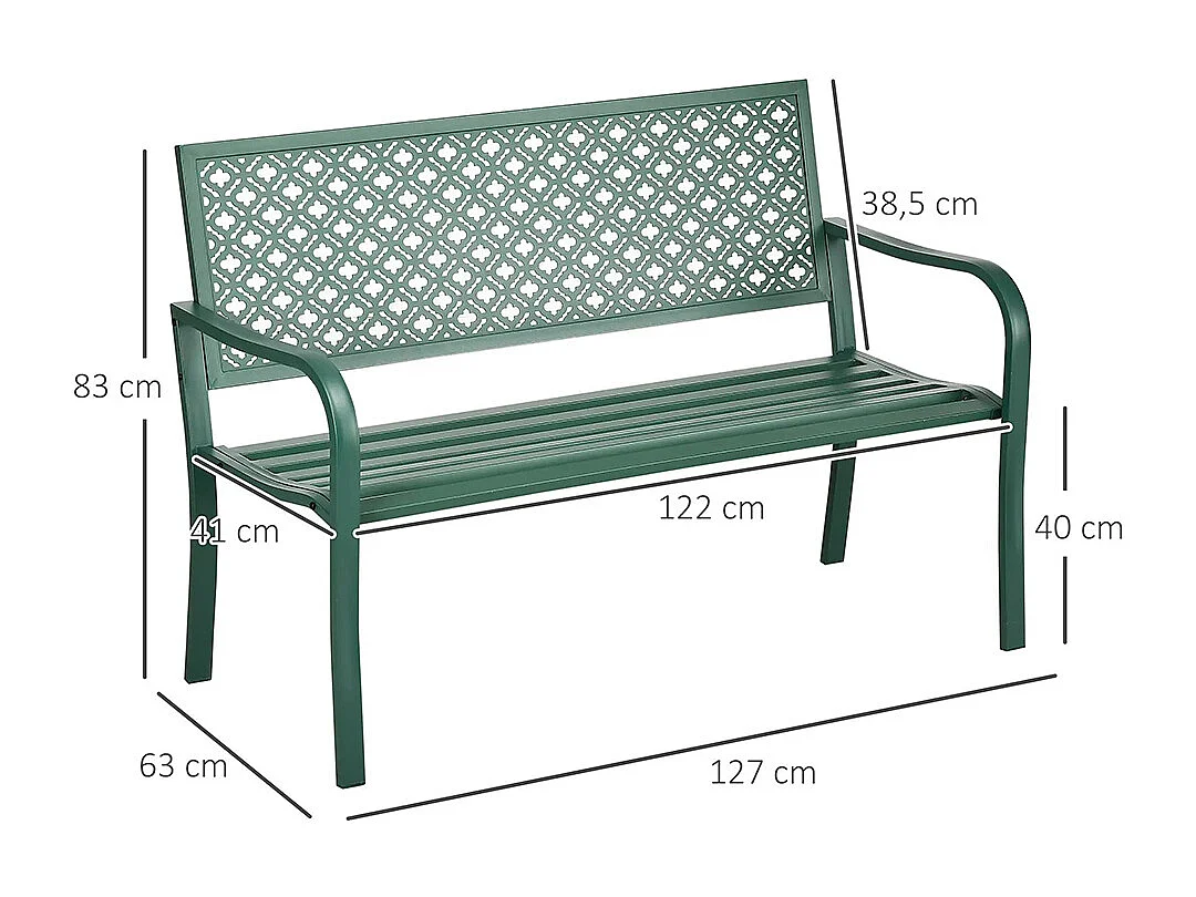 Banc de jardin banc extérieur jardin en acier avec dossier à motif floral pour 2 personnes vert foncé