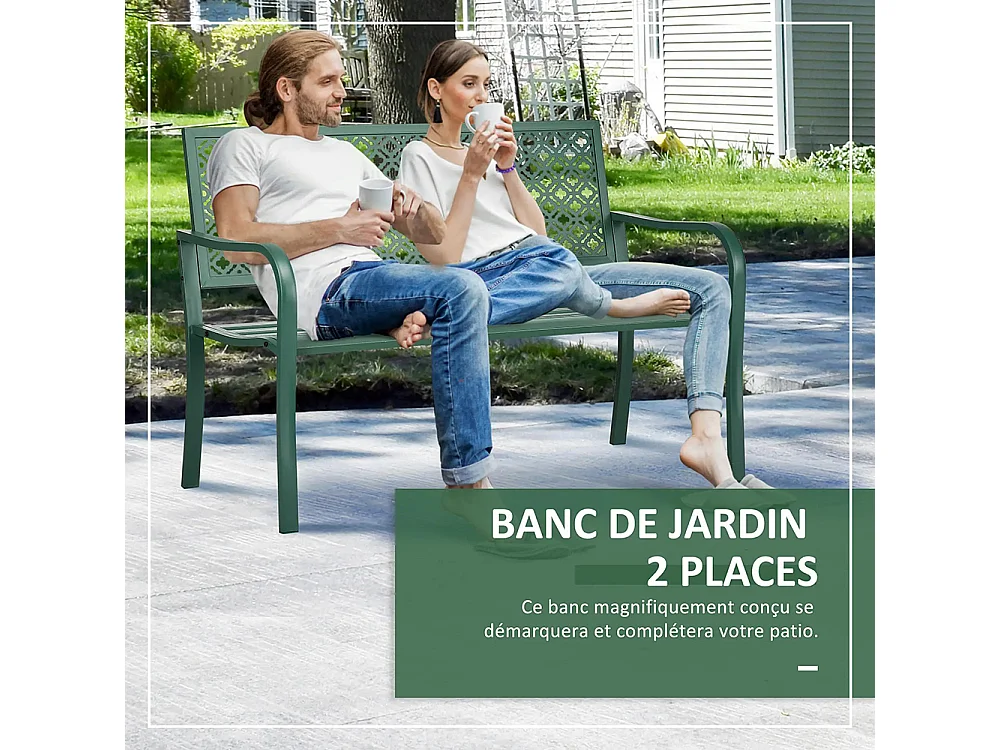 Banc de jardin banc extérieur jardin en acier avec dossier à motif floral pour 2 personnes vert foncé