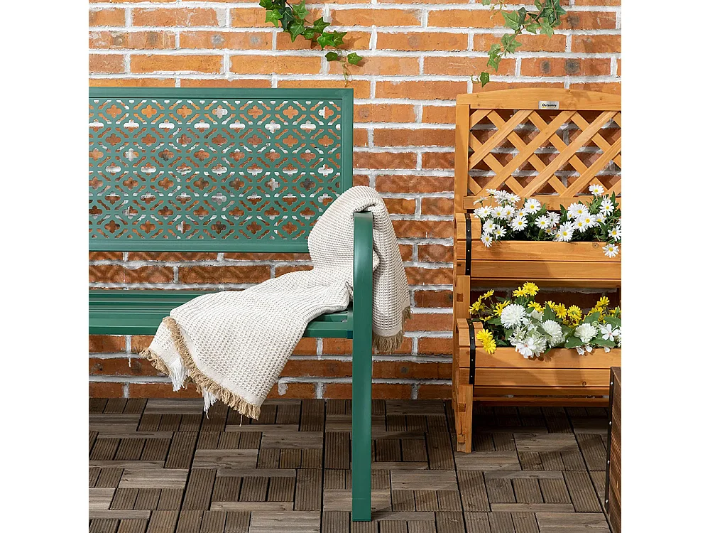 Banc de jardin banc extérieur jardin en acier avec dossier à motif floral pour 2 personnes vert foncé