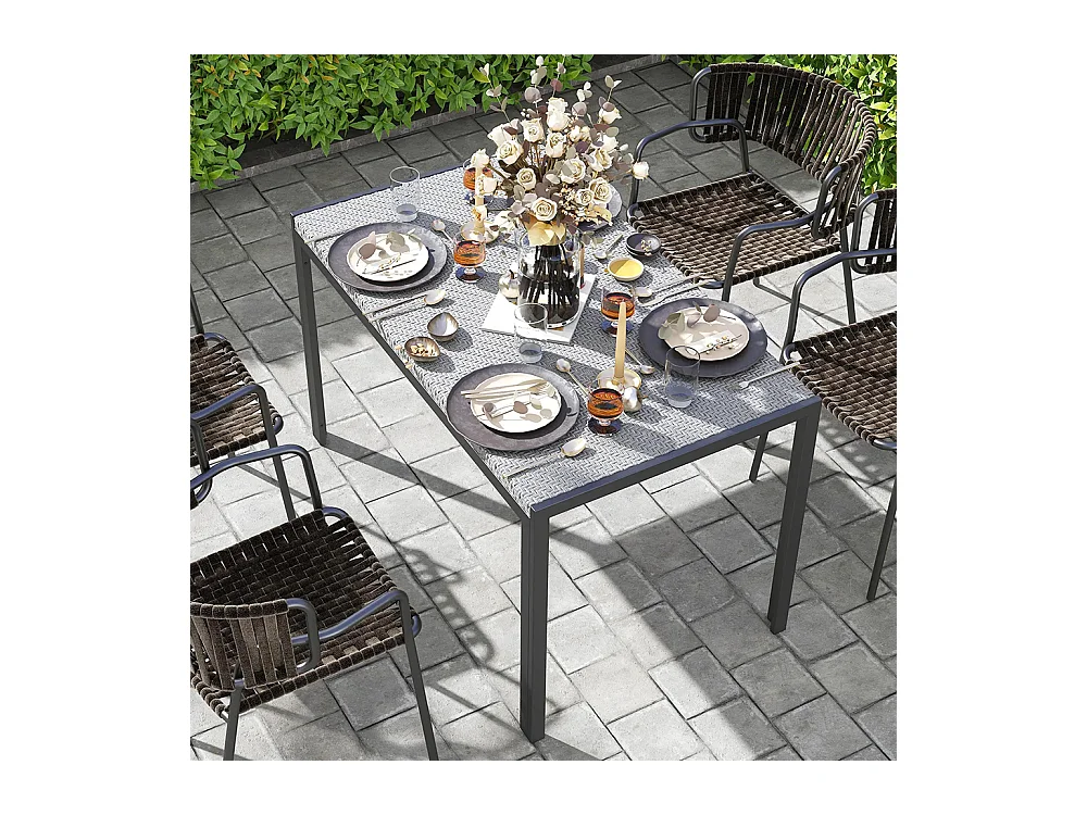 Table de jardin rectangulaire 4 personnes en métal et plateau résine tressée PE effet rotin dim. 120L x 70l x 72H cm