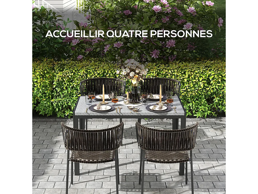 Table de jardin rectangulaire 4 personnes en métal et plateau résine tressée PE effet rotin dim. 120L x 70l x 72H cm