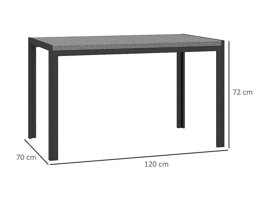 Table de jardin rectangulaire 4 personnes en métal et plateau résine tressée PE effet rotin dim. 120L x 70l x 72H cm