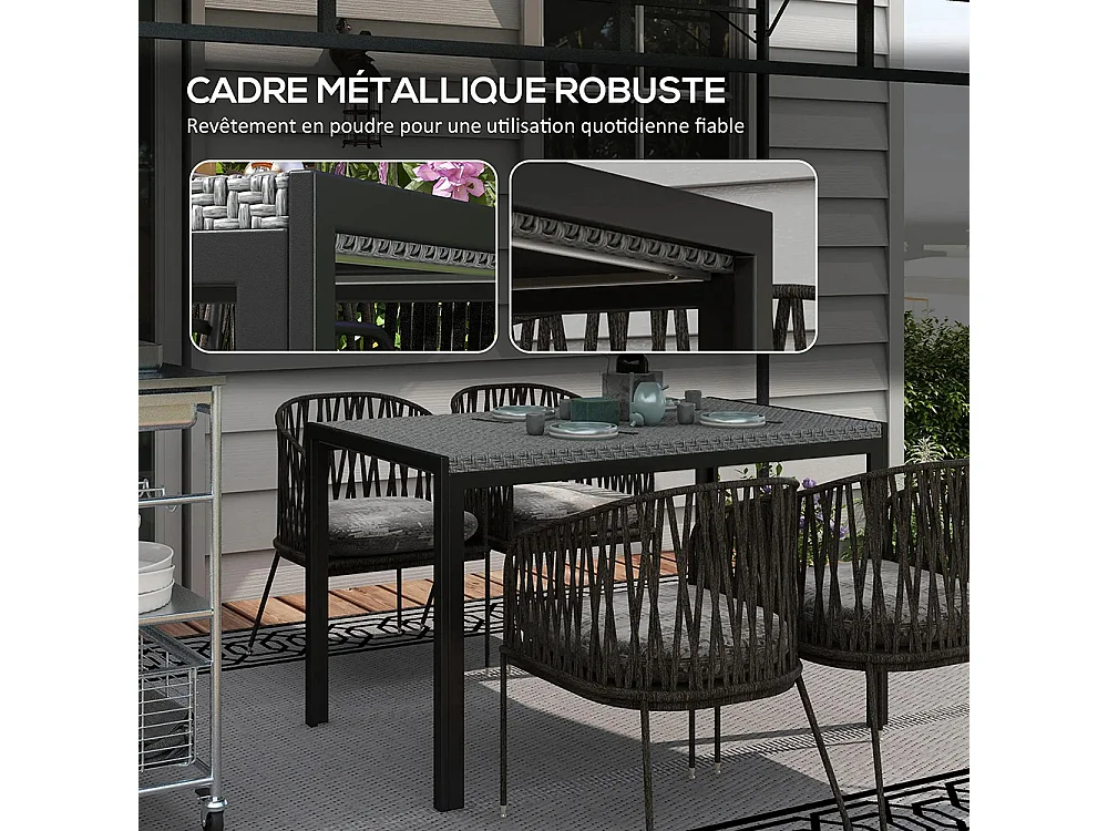 Table de jardin rectangulaire 4 personnes en métal et plateau résine tressée PE effet rotin dim. 120L x 70l x 72H cm