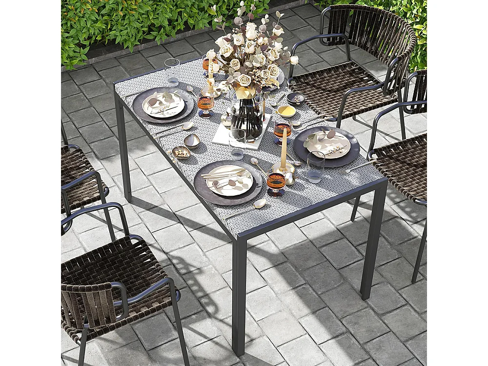 Table de jardin rectangulaire 4 personnes en métal et plateau résine tressée PE effet rotin dim. 120L x 70l x 72H cm