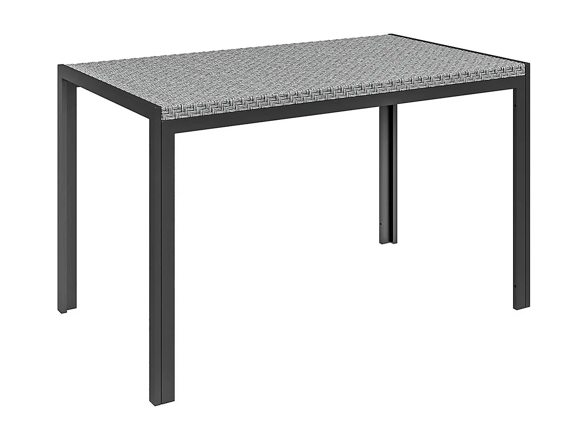 Table de jardin rectangulaire 4 personnes en métal et plateau résine tressée PE effet rotin dim. 120L x 70l x 72H cm