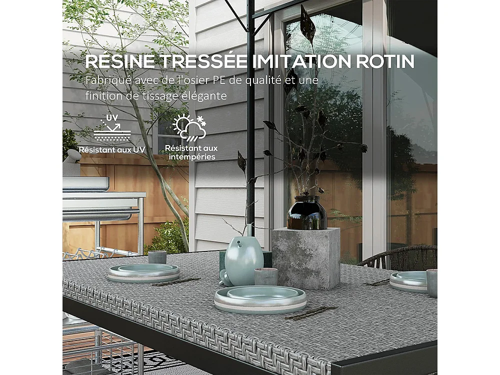 Table de jardin rectangulaire 4 personnes en métal et plateau résine tressée PE effet rotin dim. 120L x 70l x 72H cm