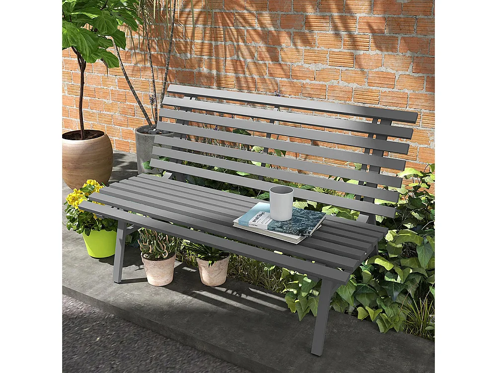 Banc de jardin extérieur 2 places assise dossier à lattes en aluminium dim gris