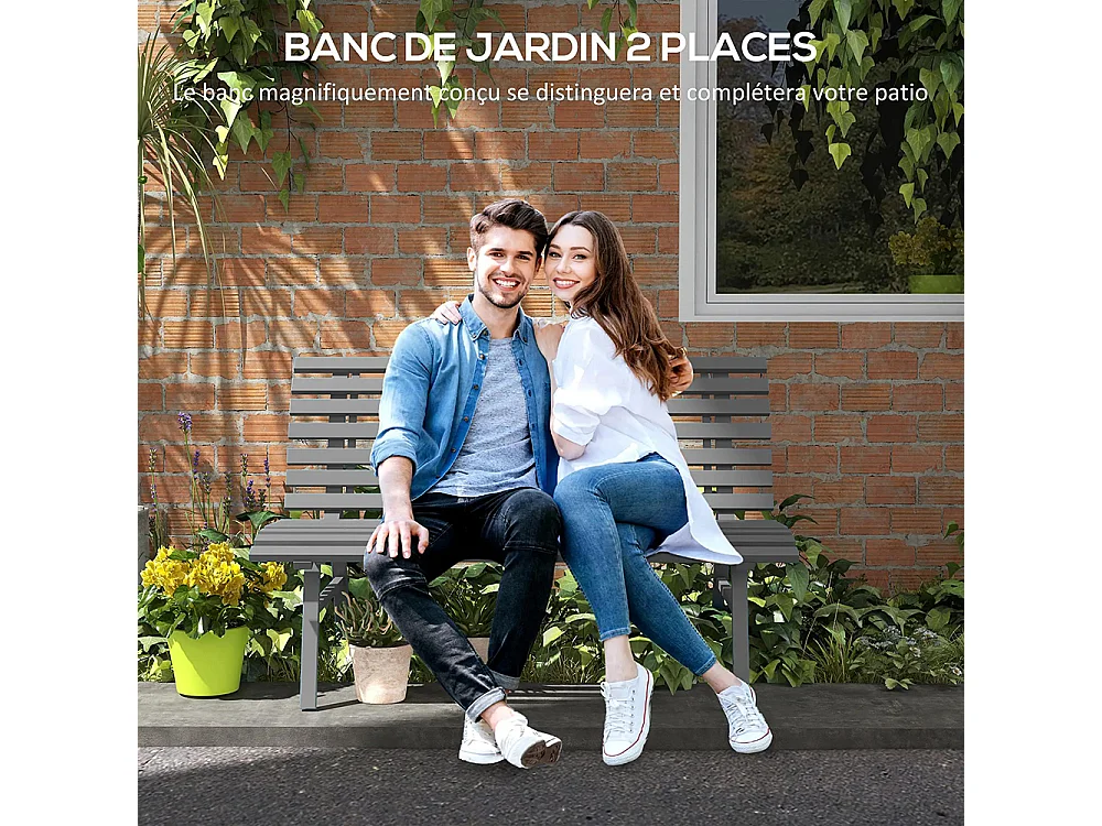 Banc de jardin extérieur 2 places assise dossier à lattes en aluminium dim gris