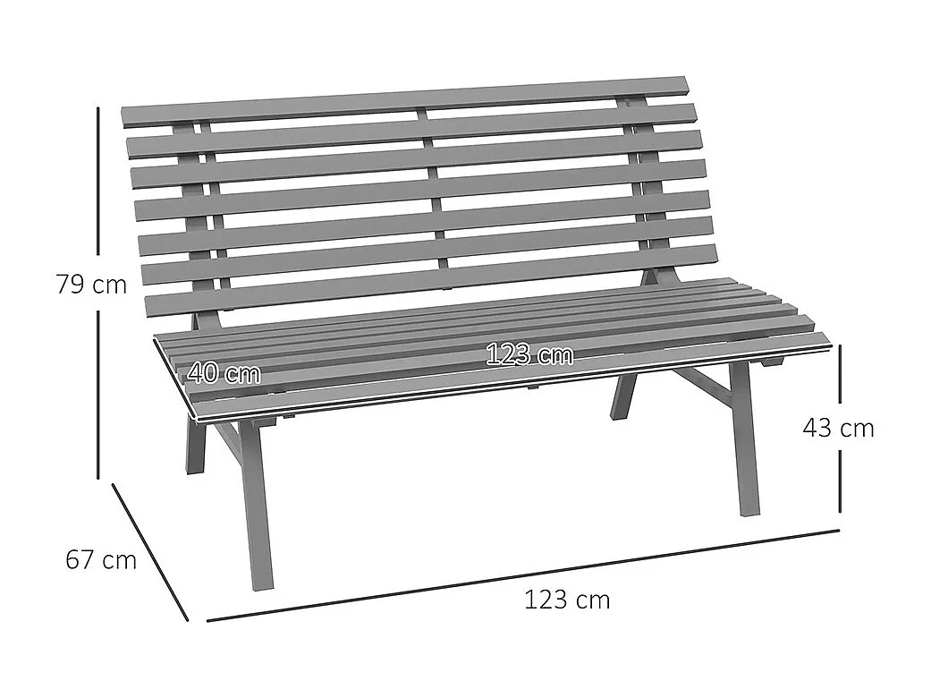 Banc de jardin extérieur 2 places assise dossier à lattes en aluminium dim gris