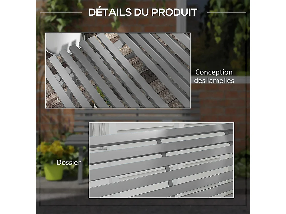 Banc de jardin extérieur 2 places assise dossier à lattes en aluminium dim gris