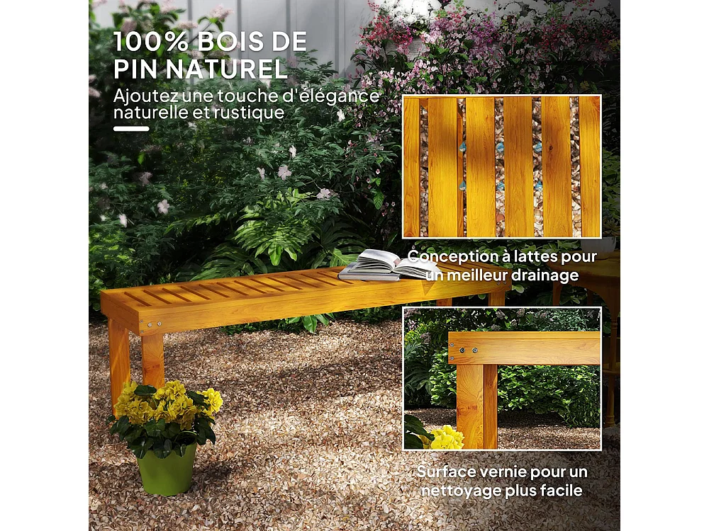 Banc de jardin banc en bois de pin 2 places banquette de jardin assise à lattes bois naturel