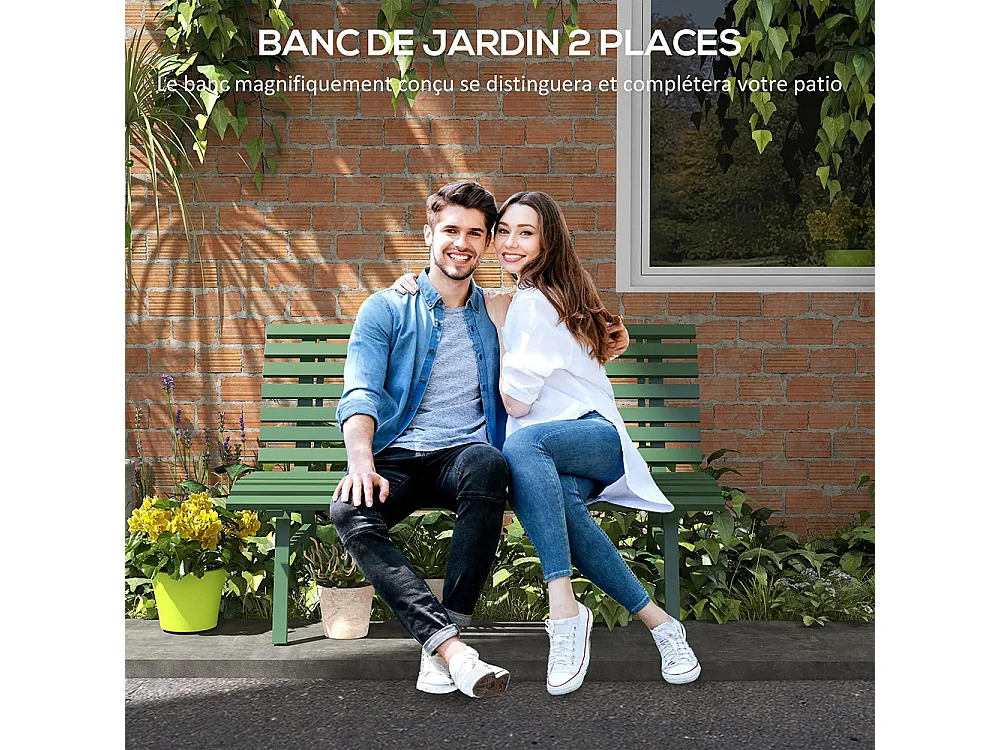 Banc de jardin extérieur 2 Places Assise Dossier à Lattes en aluminium dim vert