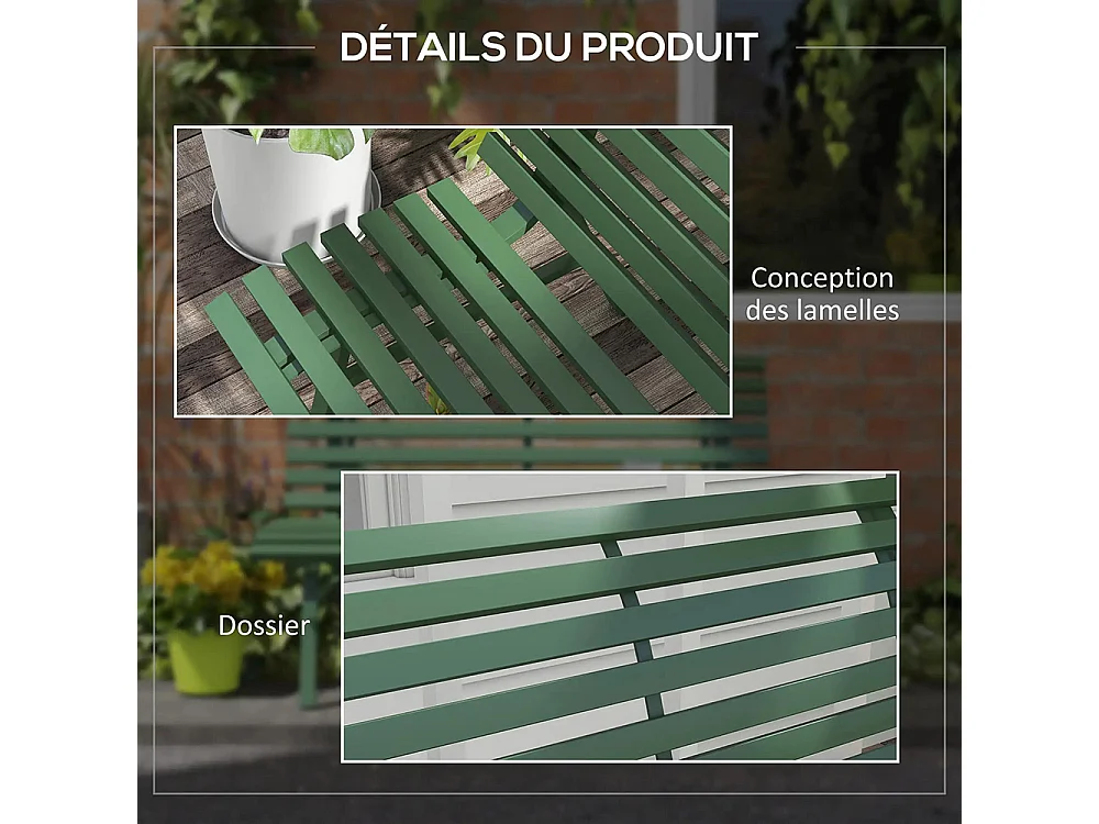 Banc de jardin extérieur 2 Places Assise Dossier à Lattes en aluminium dim vert