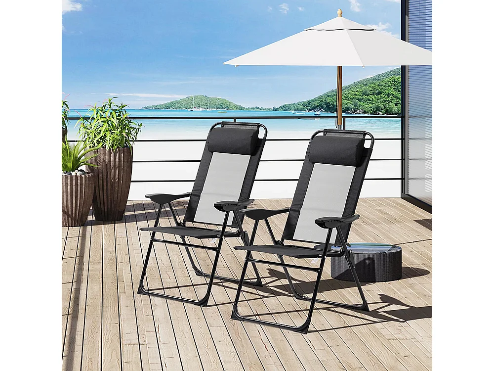 Lot de 2 chaises de jardin set basic de 2 chaises pliantes accoudoir dossier réglable en 5 positions oreiller amovible fourni tissu oxford textilène noir
