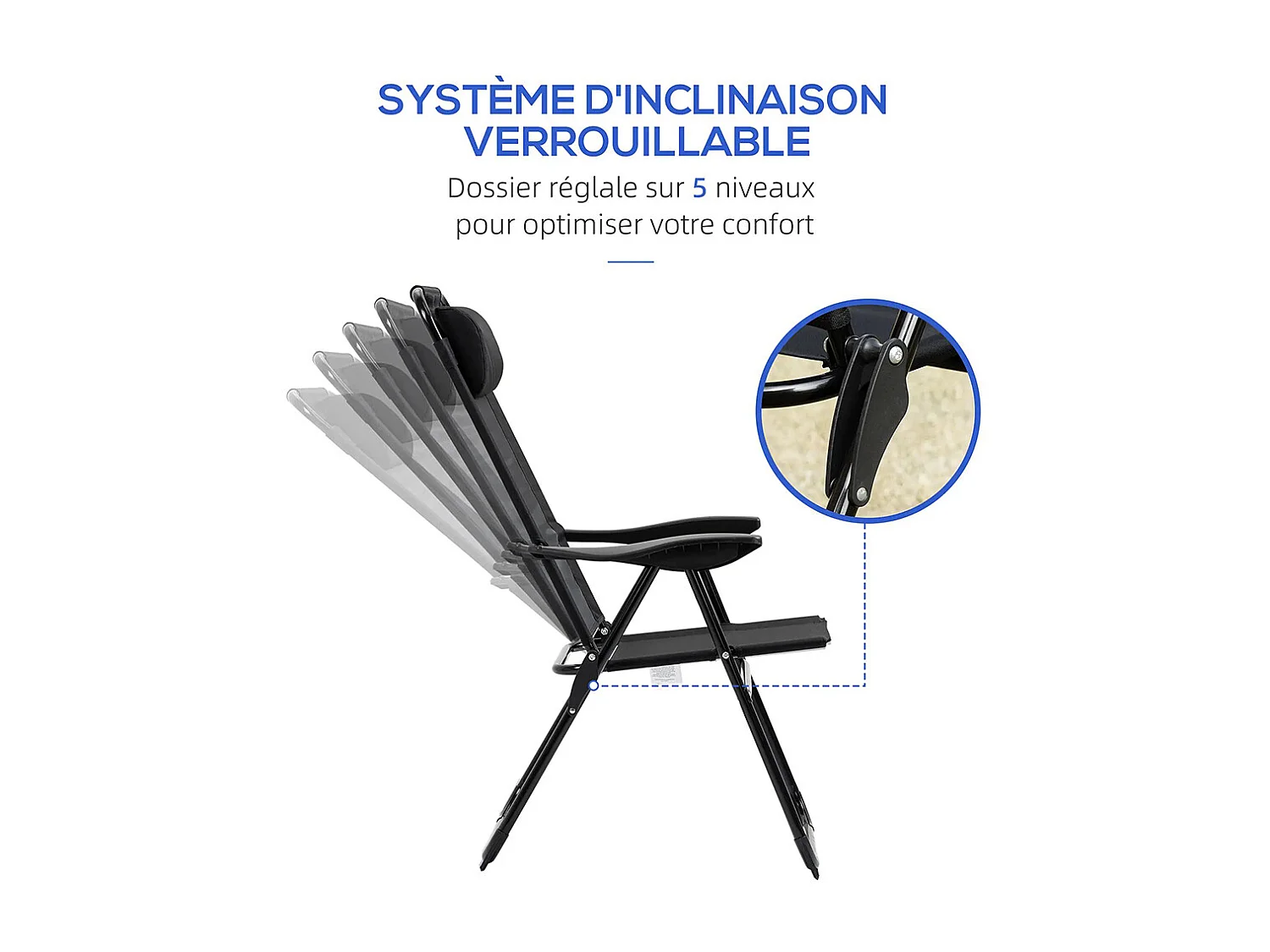 Lot de 2 chaises de jardin set basic de 2 chaises pliantes accoudoir dossier réglable en 5 positions oreiller amovible fourni tissu oxford textilène noir