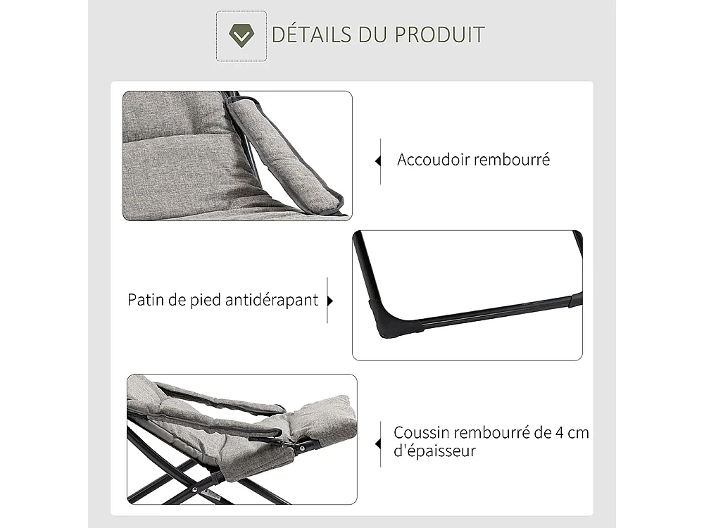 Chaise pliante extérieur chaise pliante camping avec coussin épais rembourré et accoudoir gris