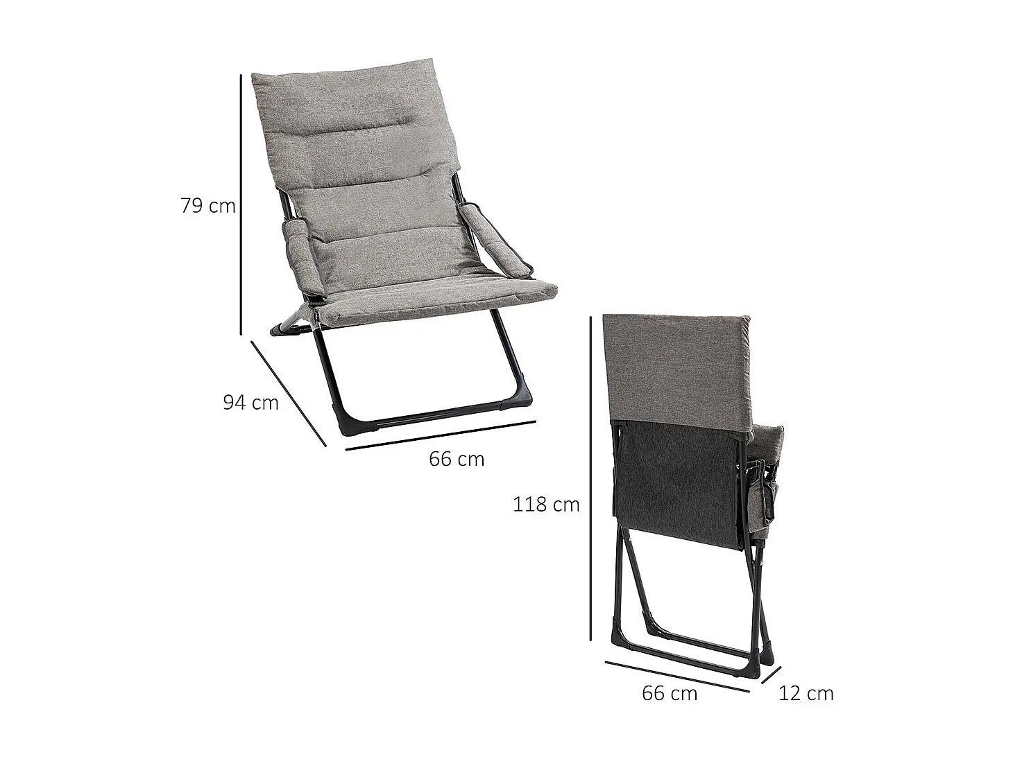 Chaise pliante extérieur chaise pliante camping avec coussin épais rembourré et accoudoir gris