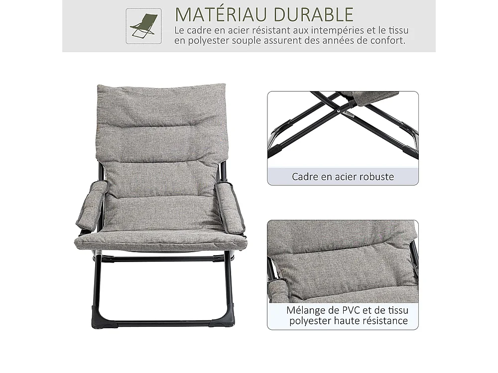 Chaise pliante extérieur chaise pliante camping avec coussin épais rembourré et accoudoir gris