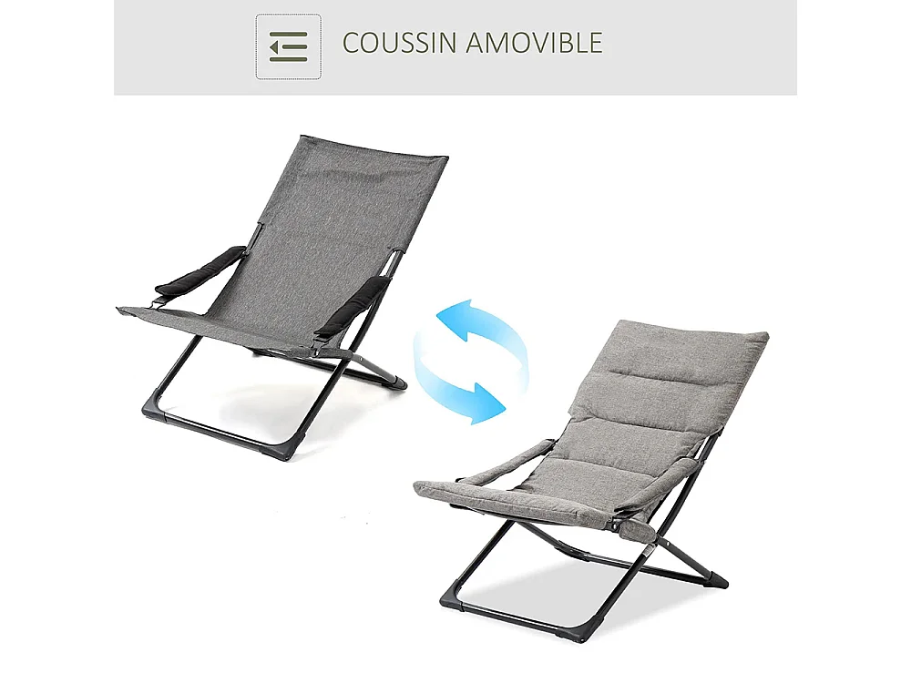 Chaise pliante extérieur chaise pliante camping avec coussin épais rembourré et accoudoir gris