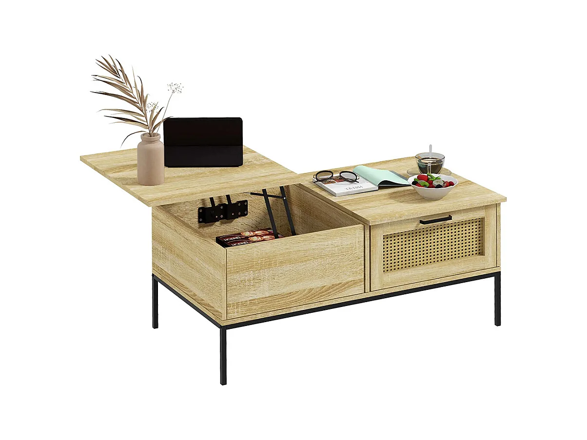 Table basse avec plateau relevable table de salon avec 2 grands tiroirs cadre en acier naturel